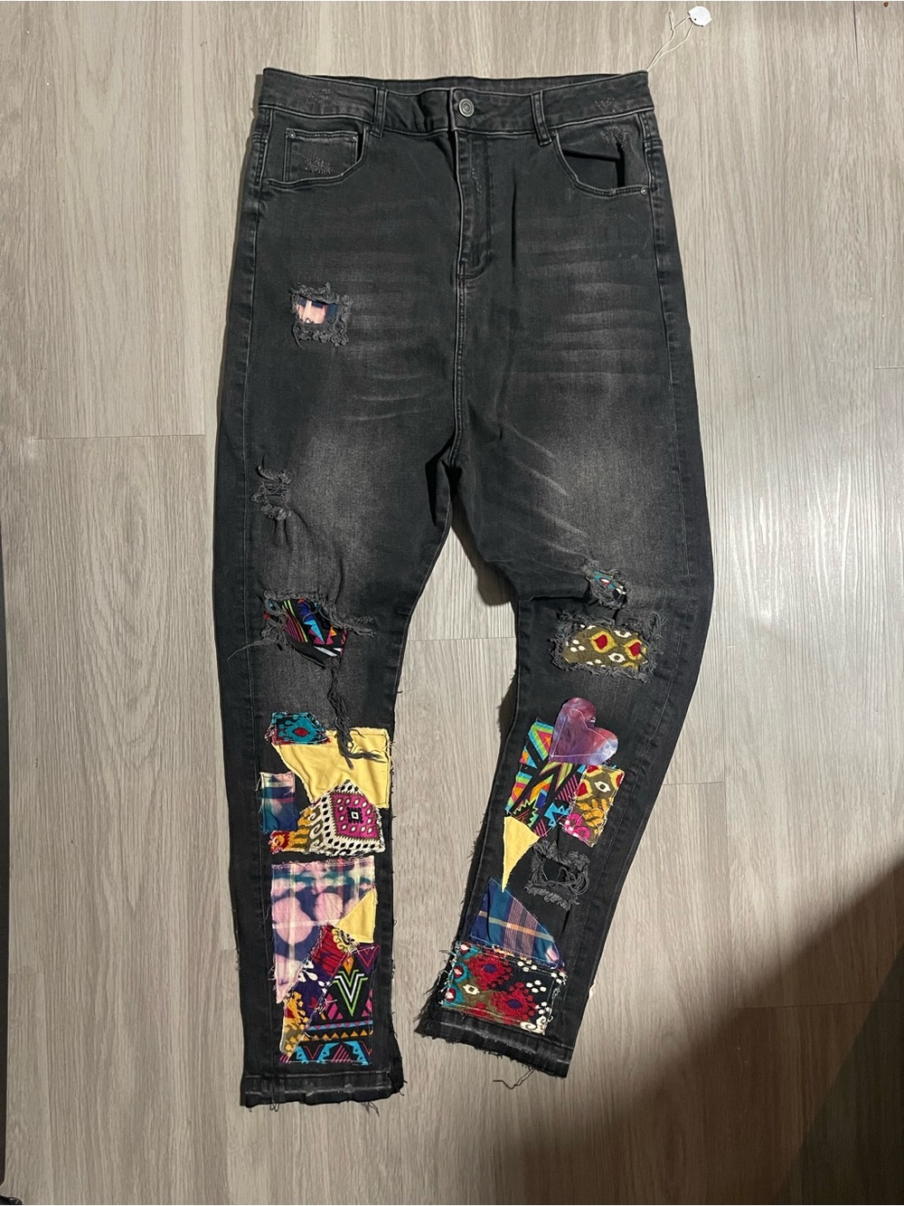 Black Distressed Jeans with Colorful Patchwork